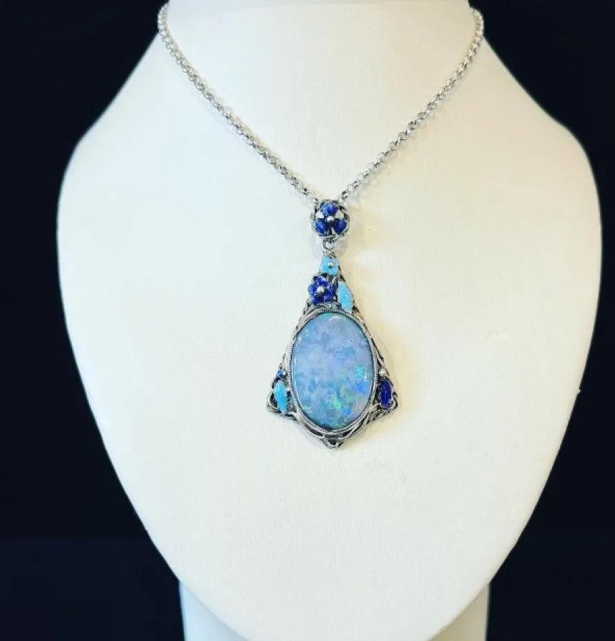 1920s Oval 6.00ct Lightning Ridge Opal Pendant in Silver