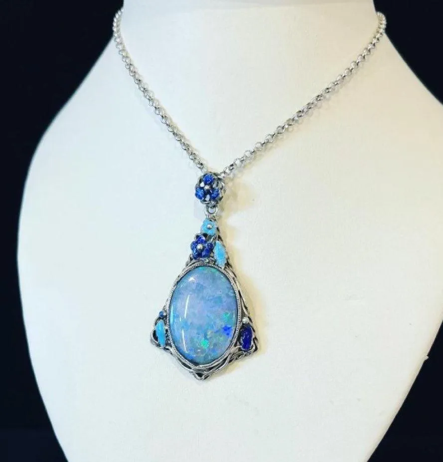 1920s Oval 6.00ct Lightning Ridge Opal Pendant in Silver