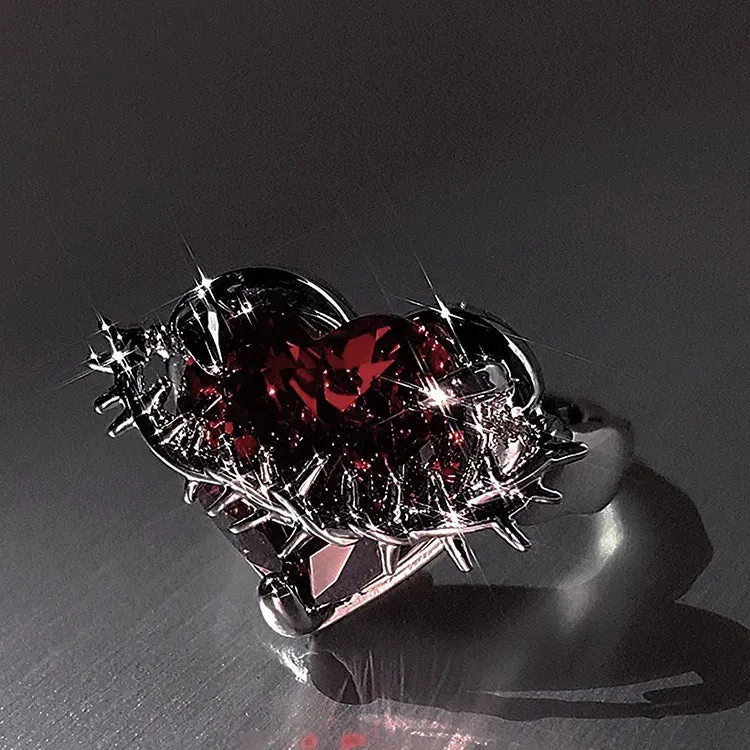 2023 New Punk Black Rings Thorns Vine Twine Red Rhinestones Hollow Unsex Couple Finger Ring Women Men Jewelry Gift