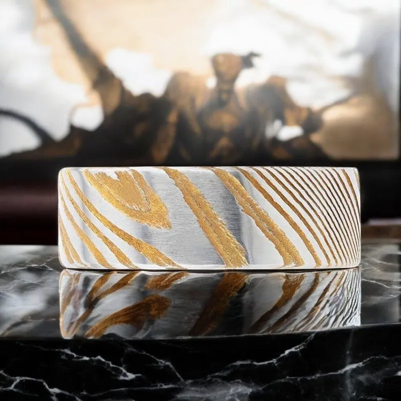 BISHOP | Gold Damascus Steel Ring, Vivid Etched Design, Flat