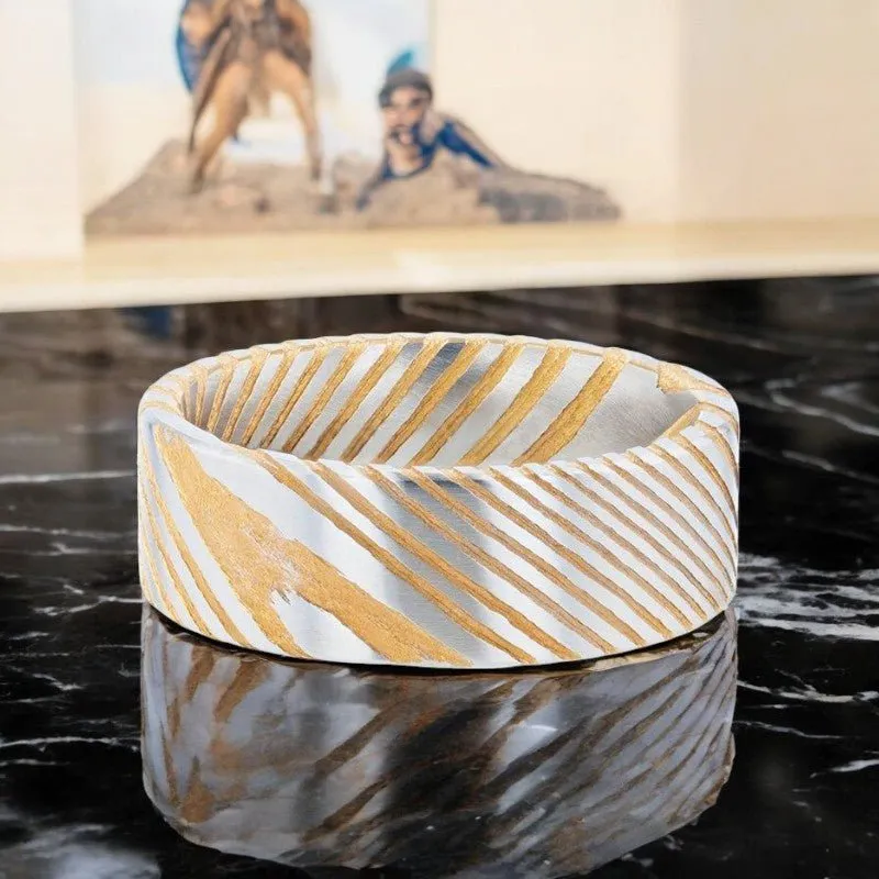 BISHOP | Gold Damascus Steel Ring, Vivid Etched Design, Flat