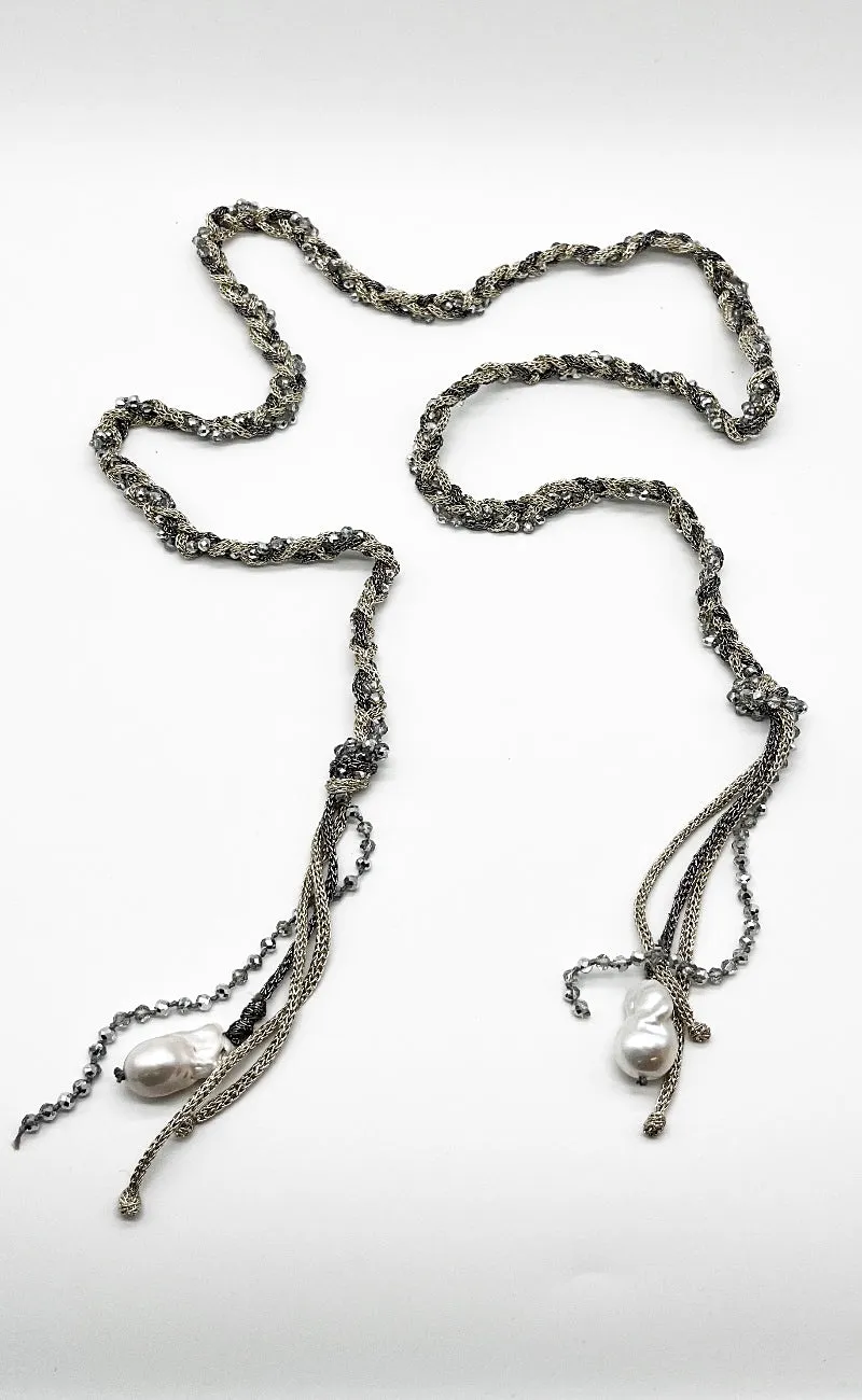 Braided Glam Pearl Lariat, Silver