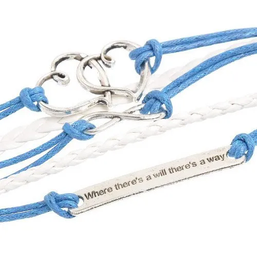 Braiding Leatheroid Wax Rope Bracelets Blue Antique Silver Infinity Symbol Double Hearts Message Carved