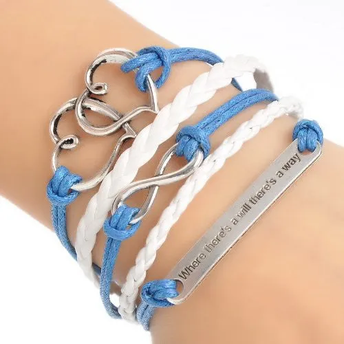 Braiding Leatheroid Wax Rope Bracelets Blue Antique Silver Infinity Symbol Double Hearts Message Carved