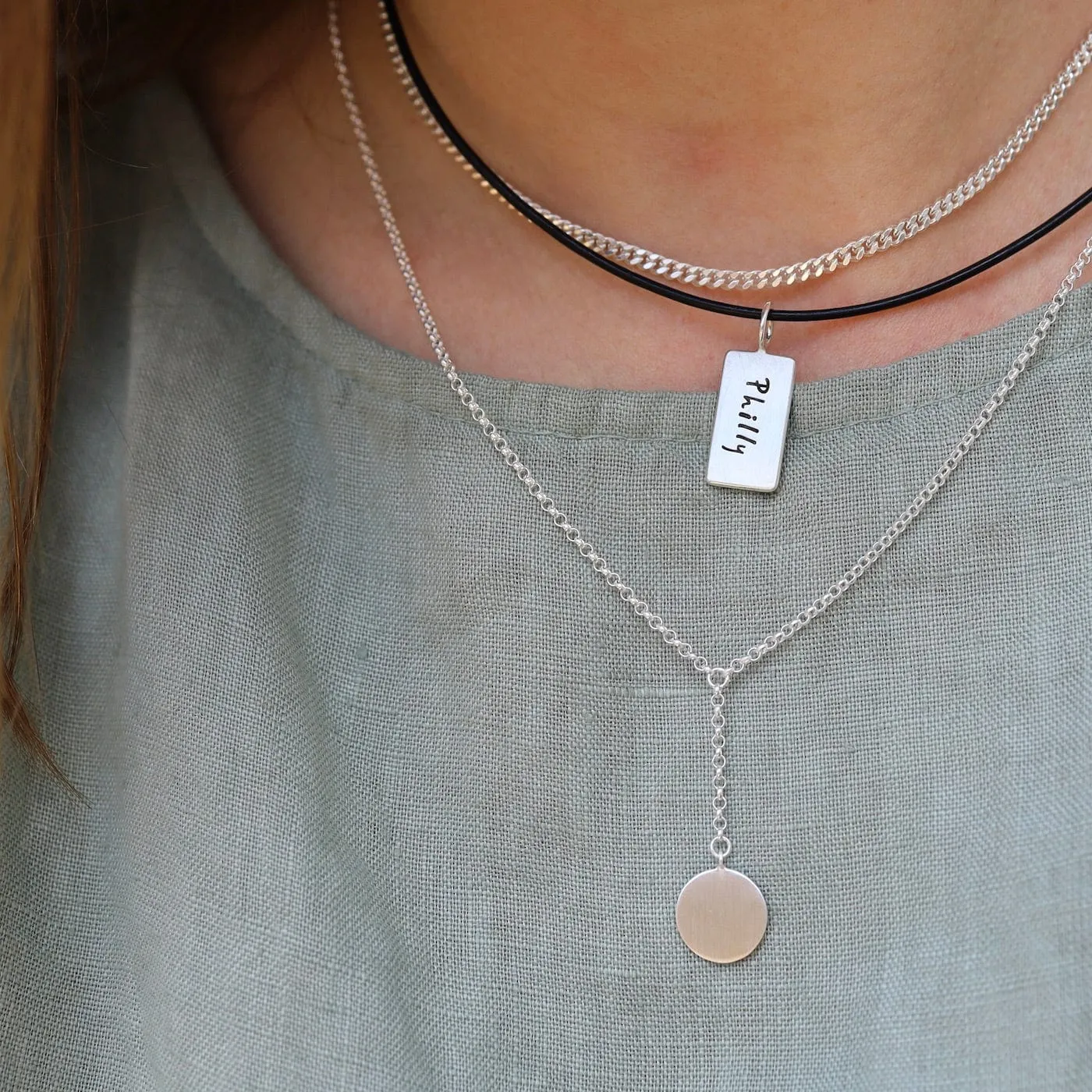 Brushed Disc Drop "Y" Necklace Sterling Silver