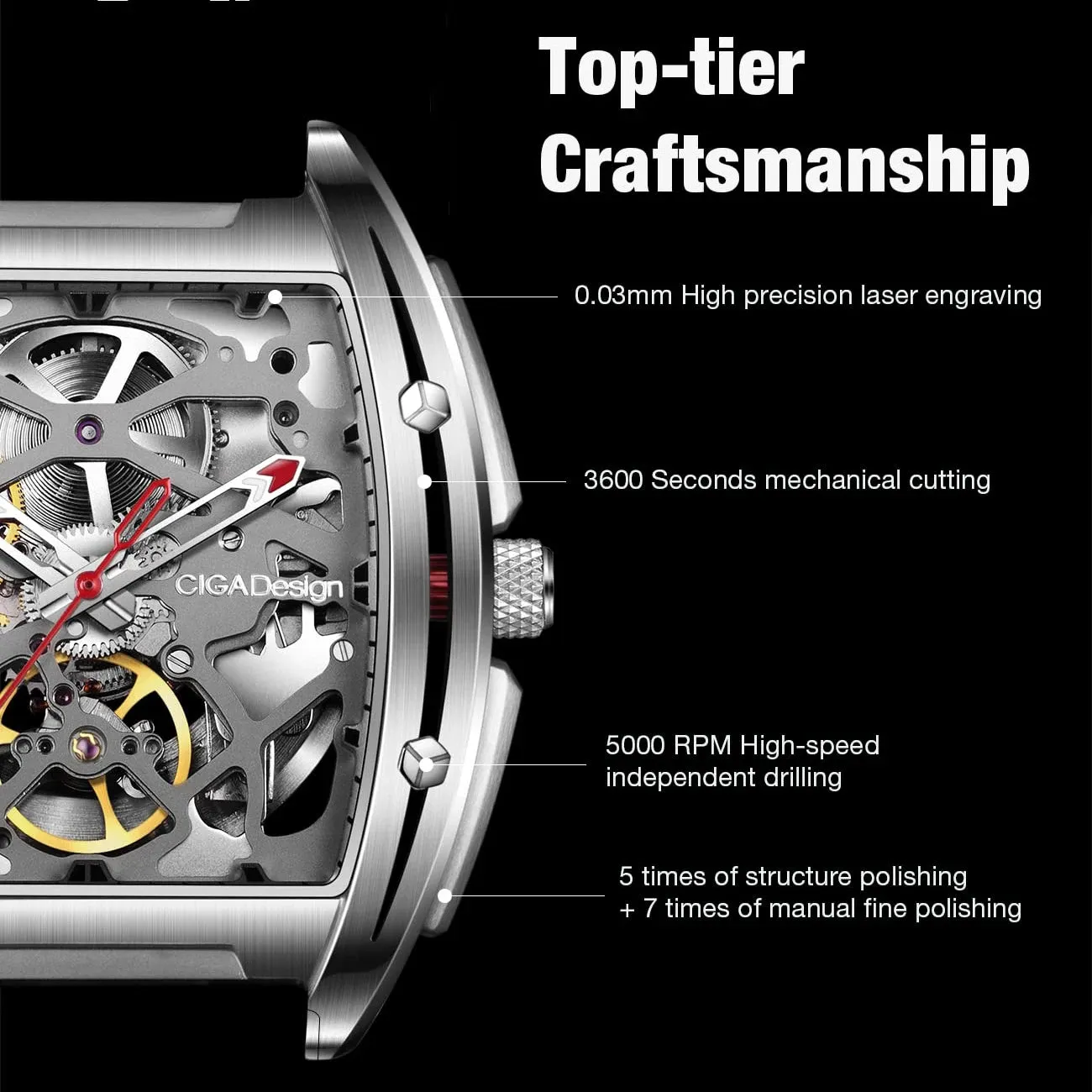 CIGA Design Z Series Skeleton Automatic Mechanical Watch Men Stainless Steel Case Sapphire Crystal Silicone Leather Two Straps