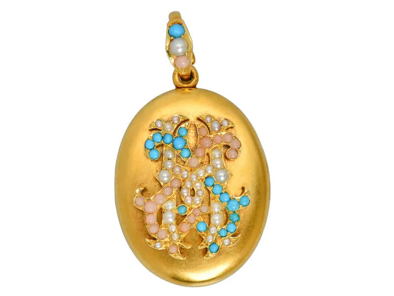 Coral Turquoise Pearl Monogram Locket