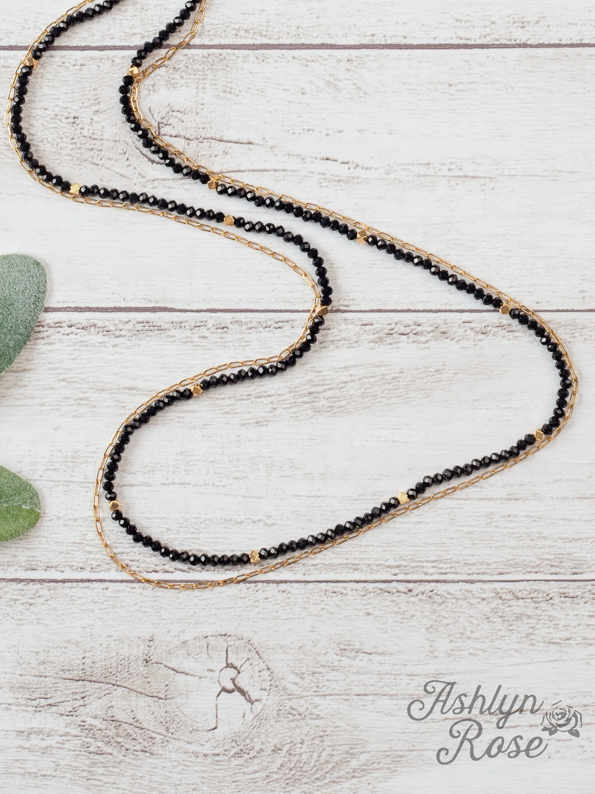 Glitz, Glam, Simple Strands Double Beaded Black Necklace with A Gold Chain