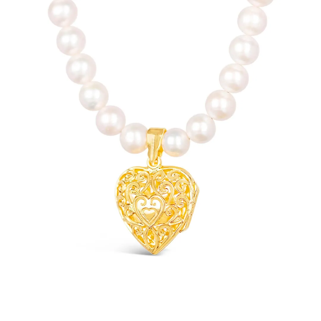 Gold Keepsake Heart Necklace With Ivory Pearls