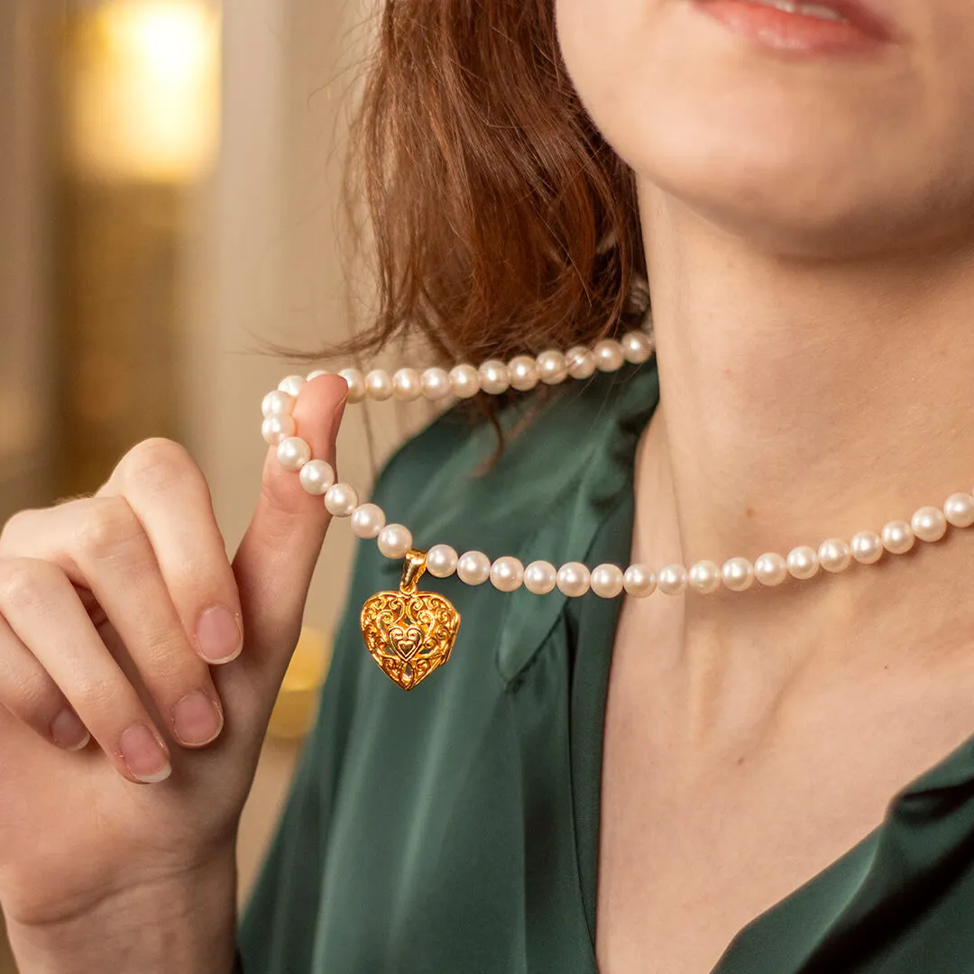 Gold Keepsake Heart Necklace With Ivory Pearls