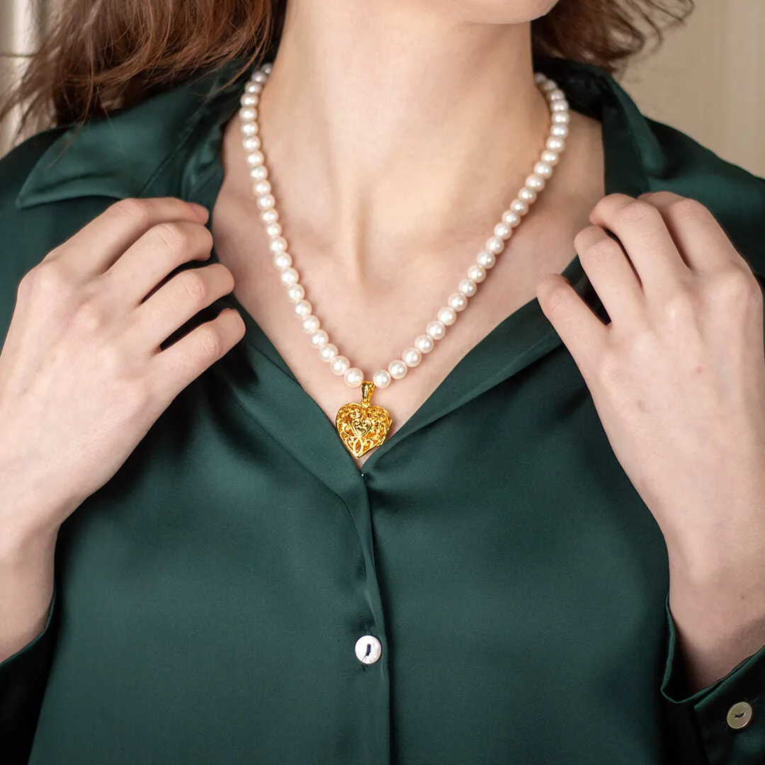 Gold Keepsake Heart Necklace With Ivory Pearls