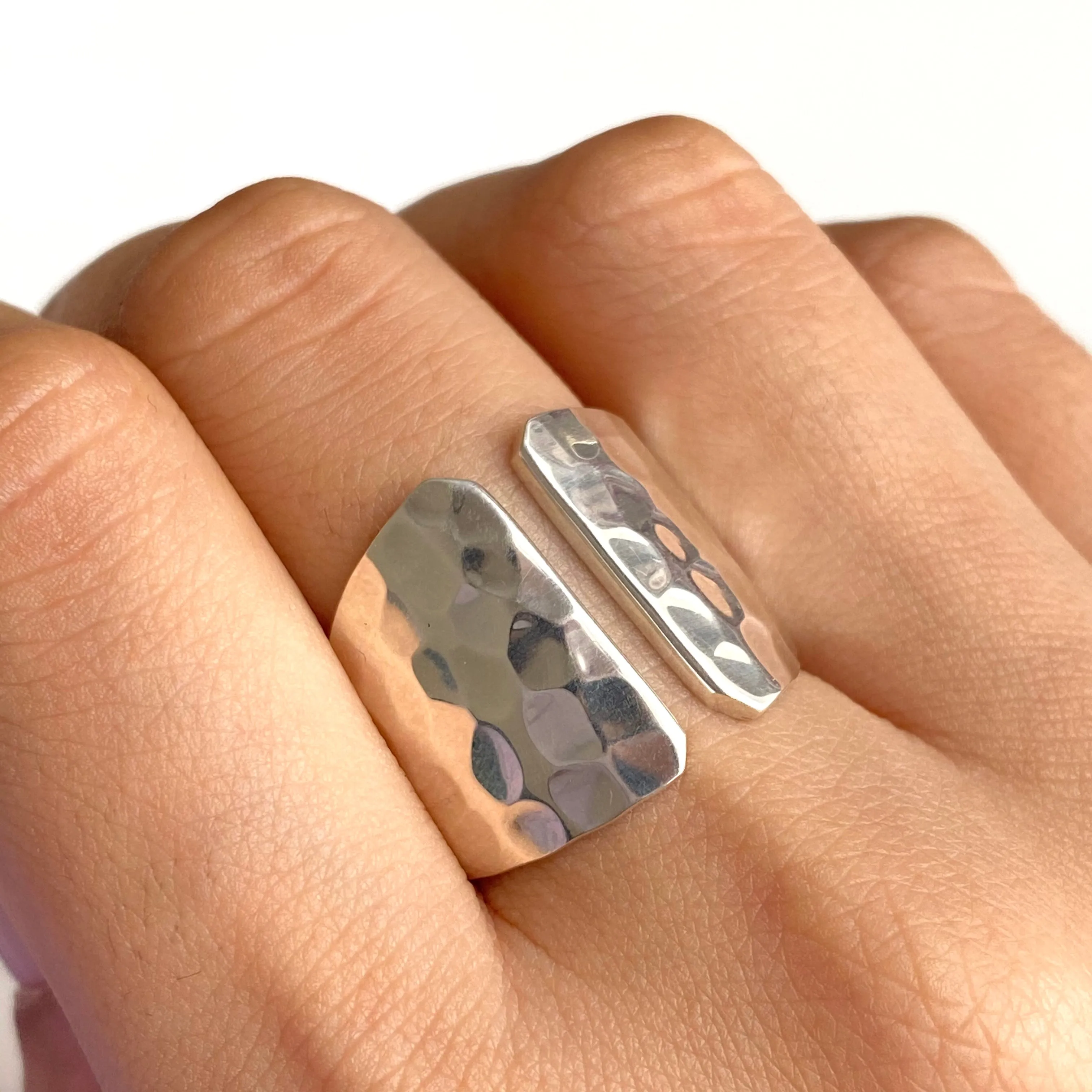 Hammered Texture Sterling Silver Ring with a Gap