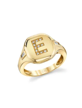 Letter E Initial, 18K Yellow Gold   Diamond Pinky Ring