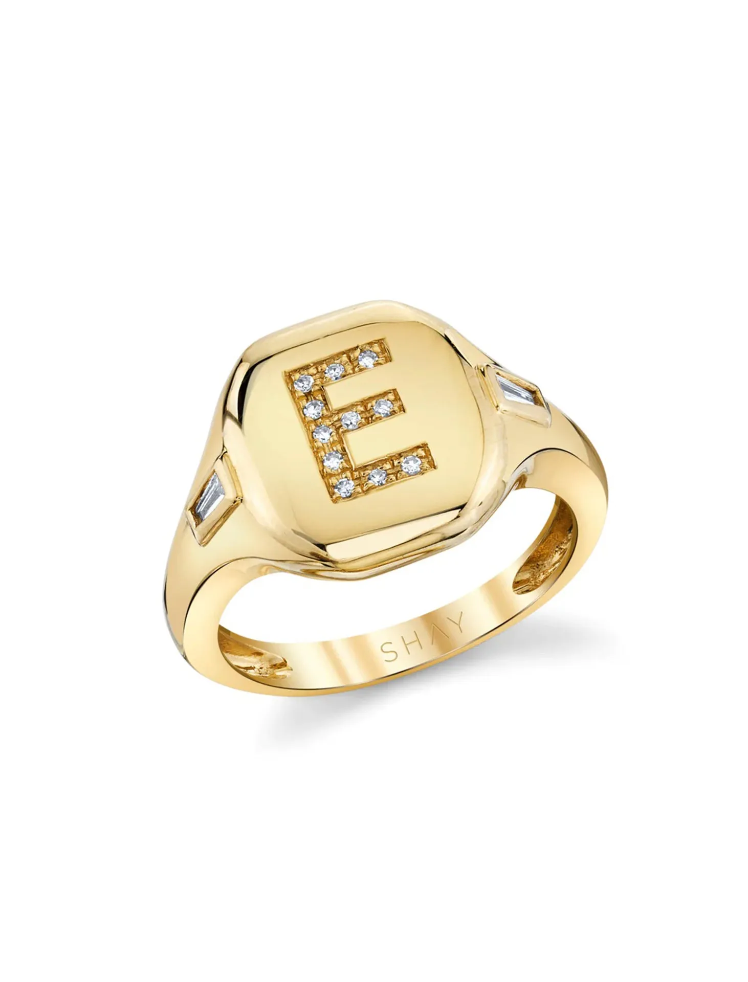 Letter E Initial, 18K Yellow Gold   Diamond Pinky Ring