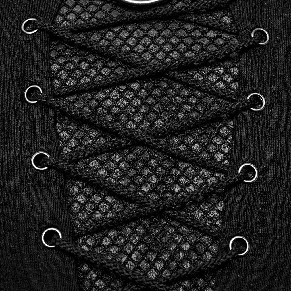 Men's Punk Strappy Mesh Splice Studded Shirt