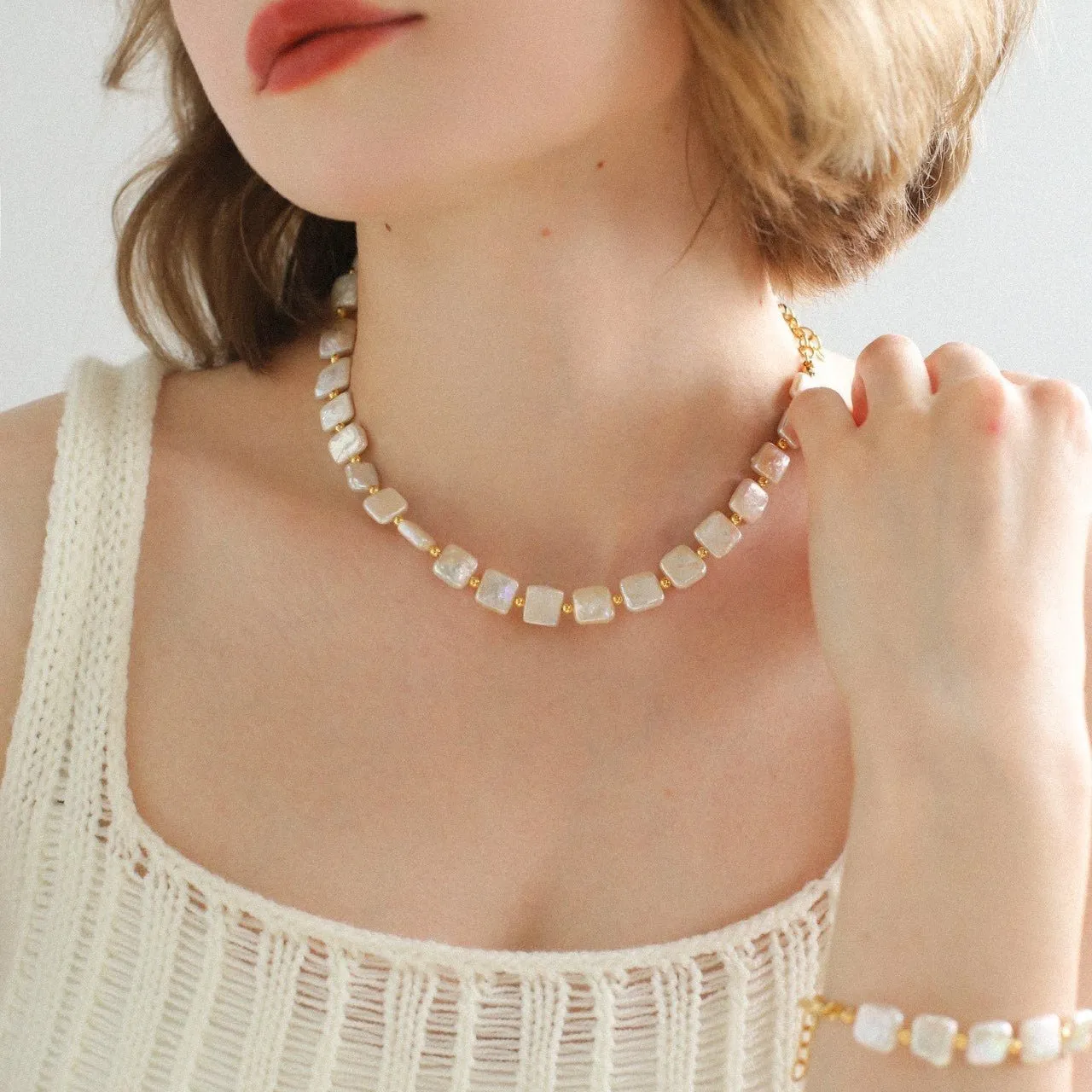 Mini Gold Bead and Square Baroque Pearl Necklace