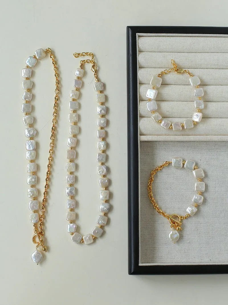 Mini Gold Bead and Square Baroque Pearl Necklace