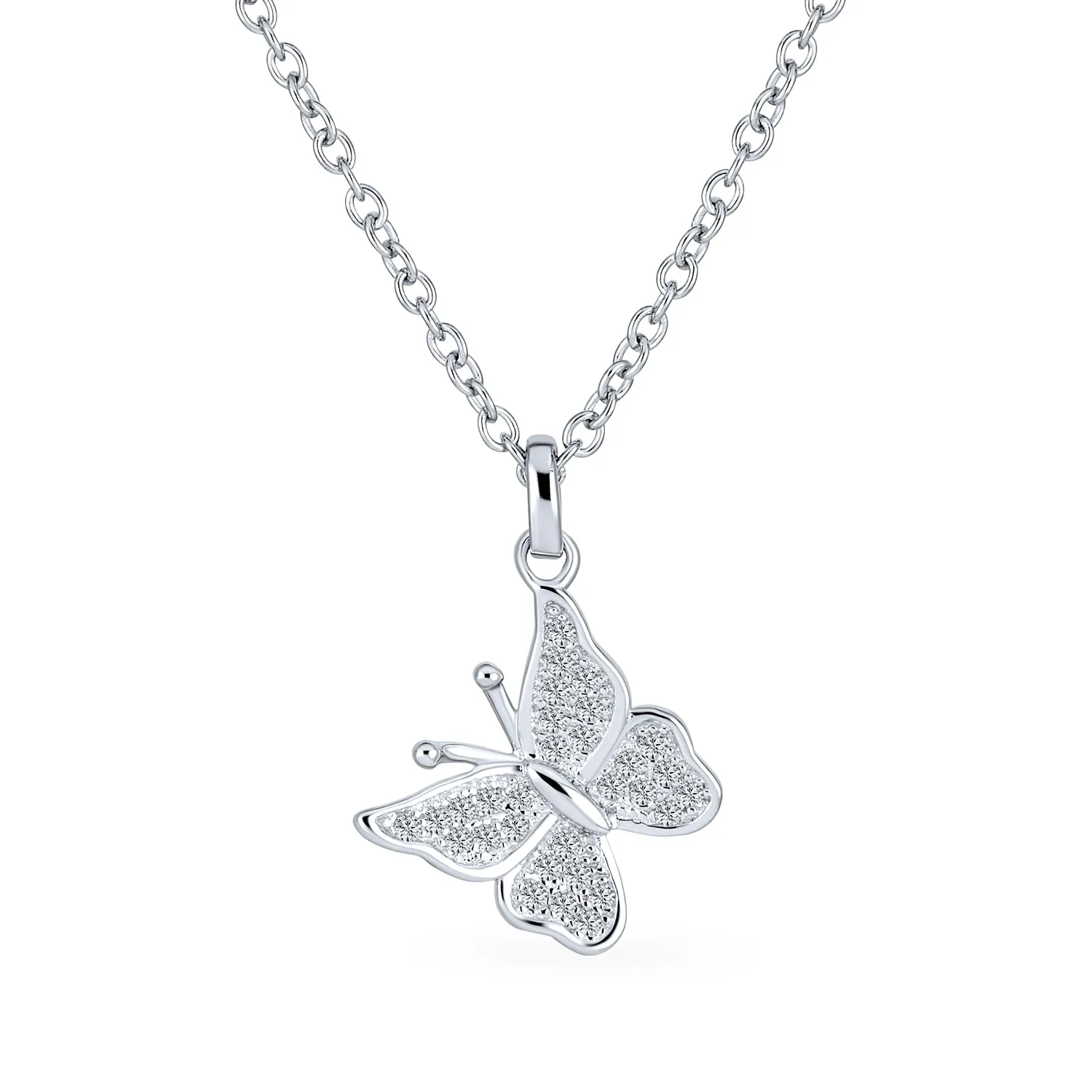 Mini Petite CZ Butterfly Pendant Necklace in Sterling Silver with Micro Pave Design