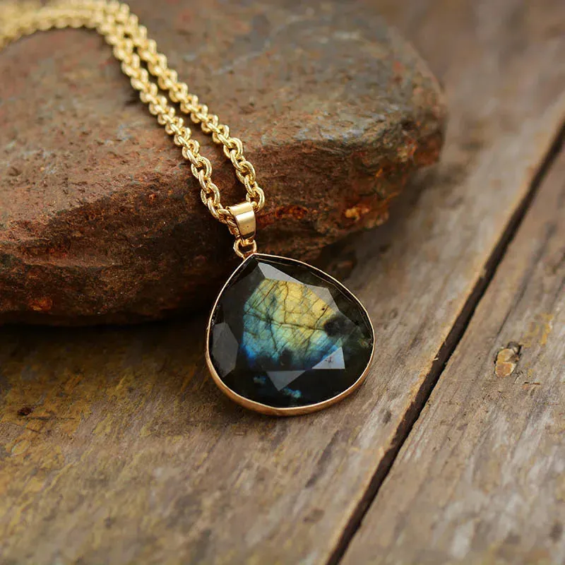 Natural Labradorite Teardrop Gemstone Pendant Necklace