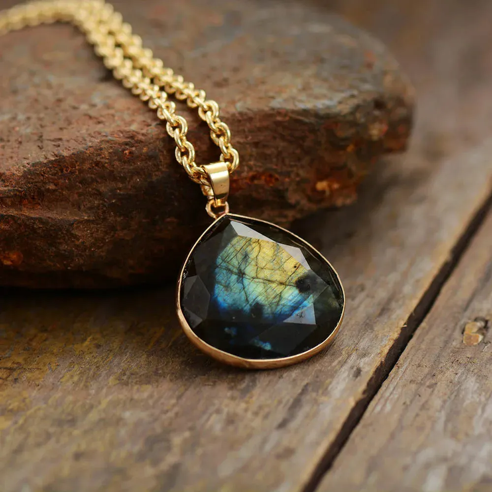 Natural Labradorite Teardrop Gemstone Pendant Necklace