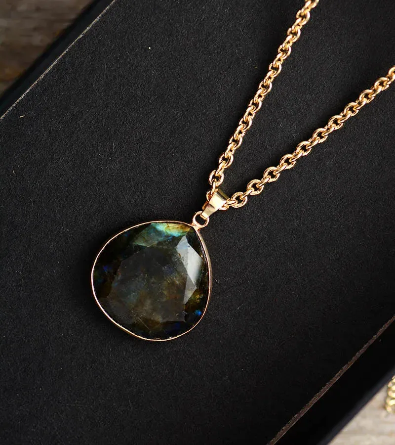 Natural Labradorite Teardrop Gemstone Pendant Necklace