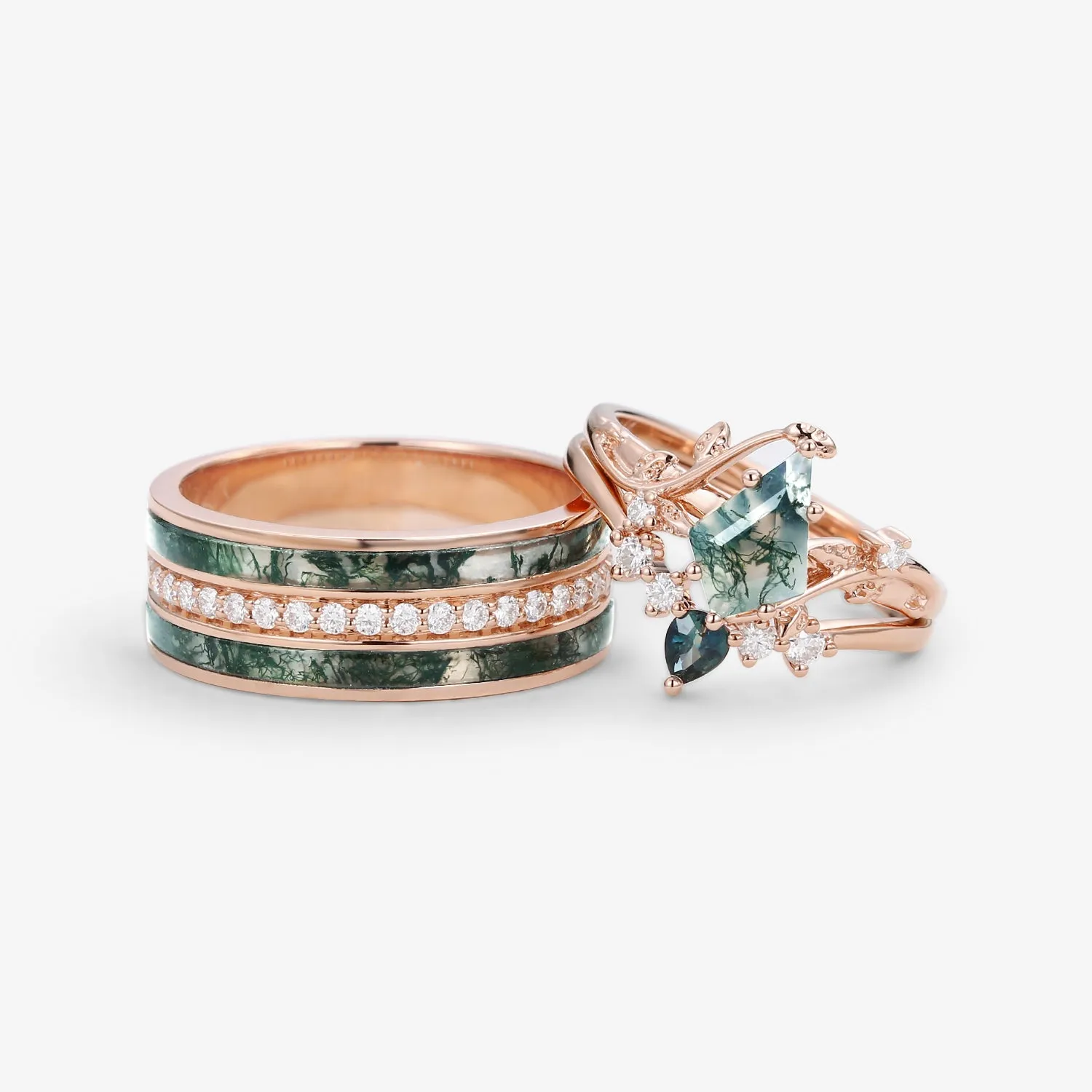 Nature Inspired - Moss Agate & Green Sapphire Leafy Couple Ring Set 3pcs - Willow