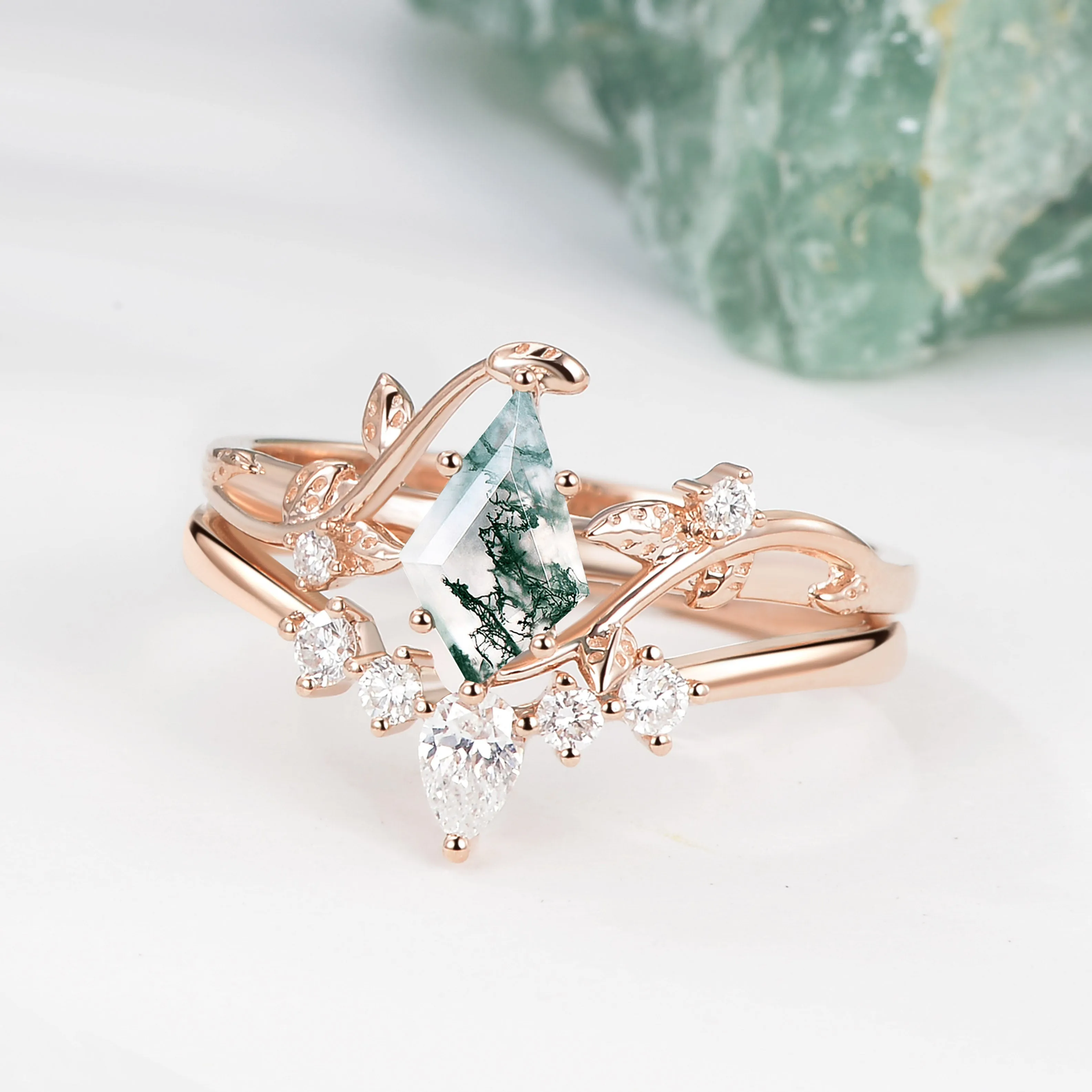 Nature Inspired - Unique Kite Cut Moss Agate Leafy Bridal Ring Sets 2pcs - Willow