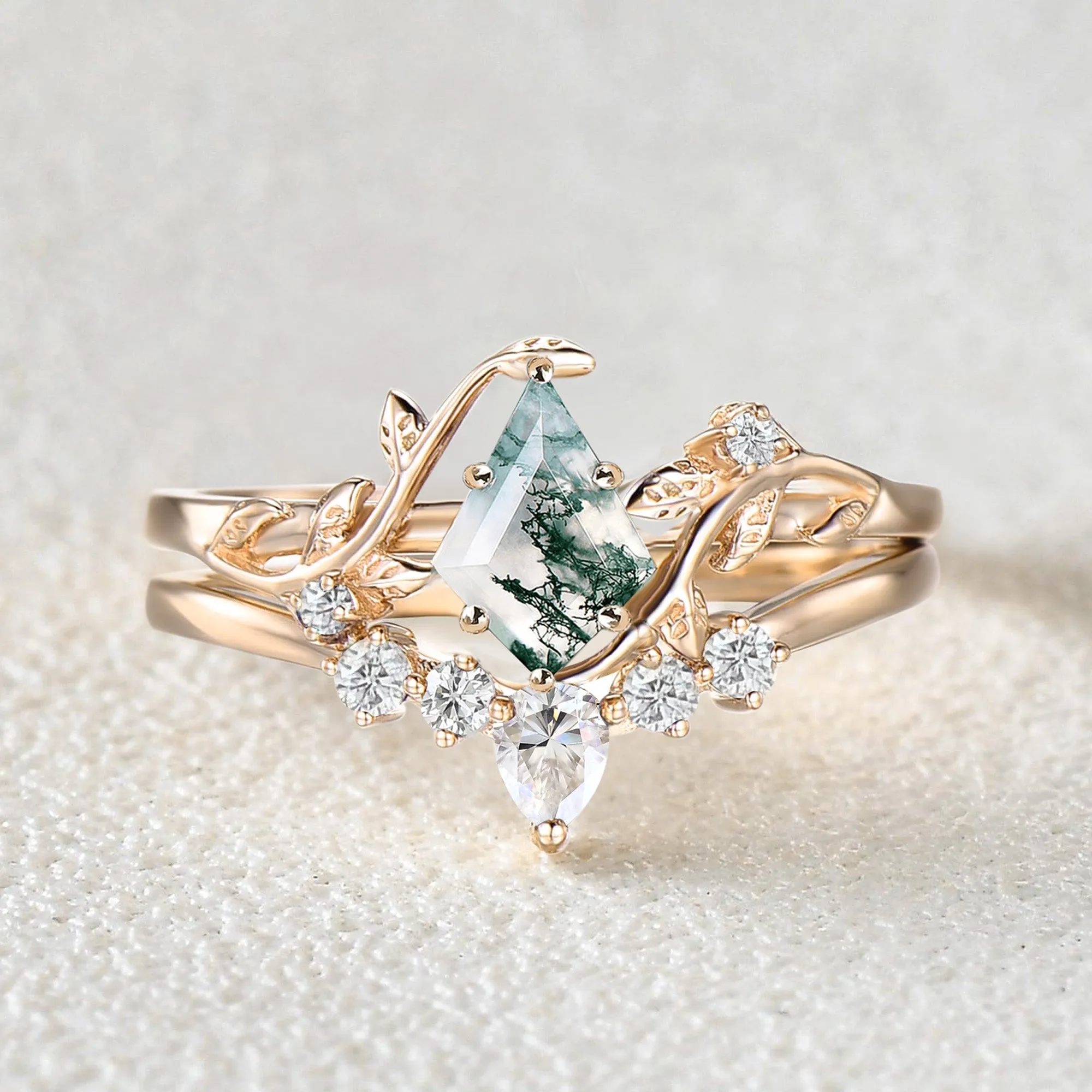 Nature Inspired - Unique Kite Cut Moss Agate Leafy Bridal Ring Sets 2pcs - Willow