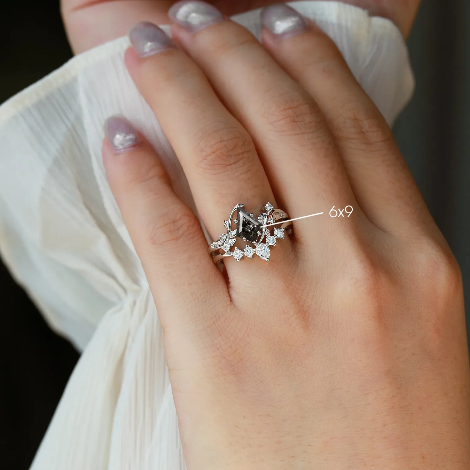 Nature Inspired - Unique Kite Cut Moss Agate Leafy Bridal Ring Sets 2pcs - Willow