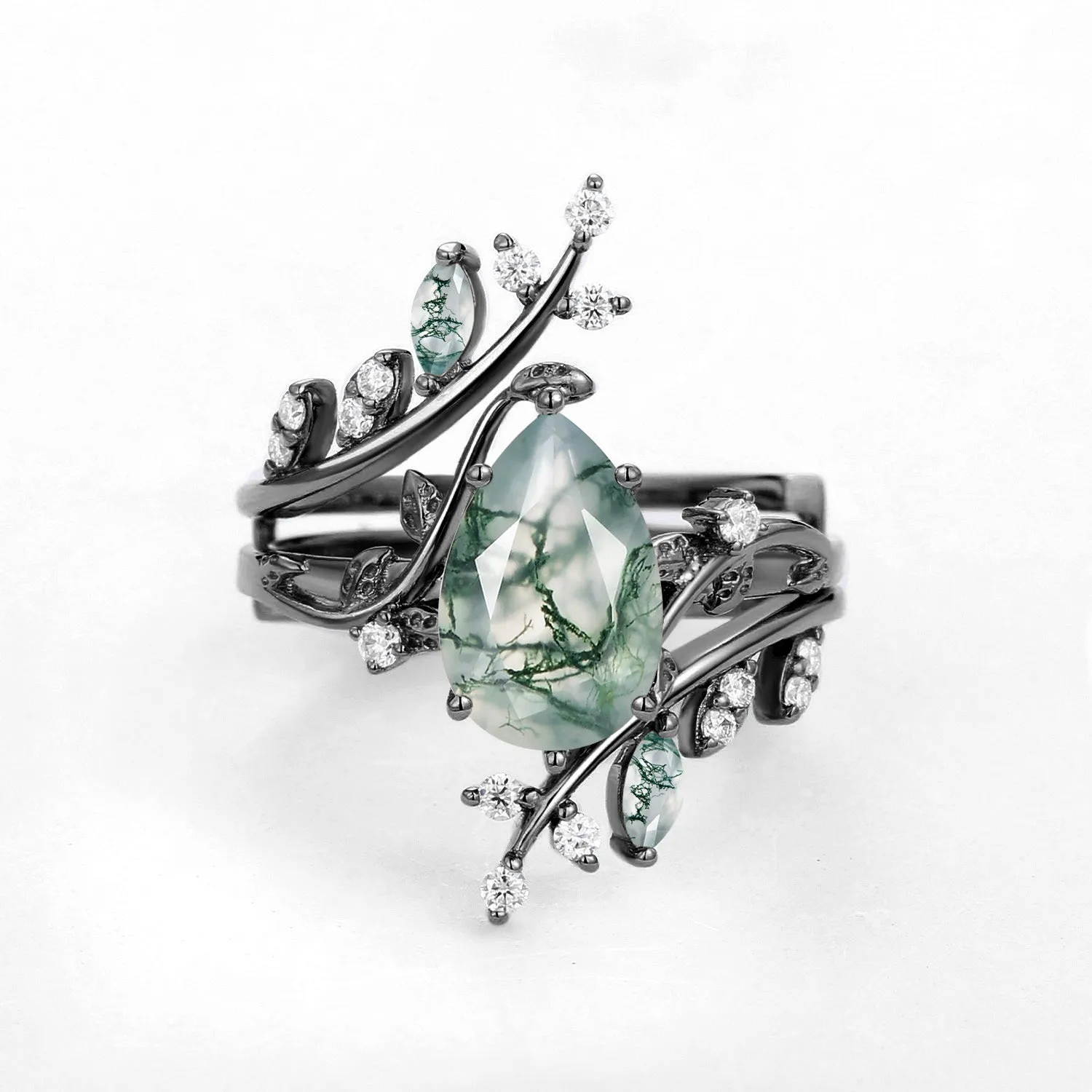 Nature Inspired - Unique Pear Cut Moss Agate Cage Leafy Ring 2pcs - Knight