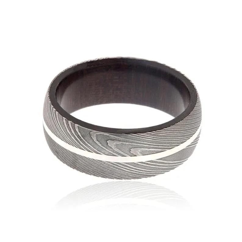 New 8mm Wide Damascus Steel Ring with a Sterling Silver Inlay and Ebony Wood Sleeve