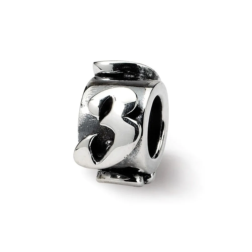 Number 3 Message Charm Bead in Sterling Silver