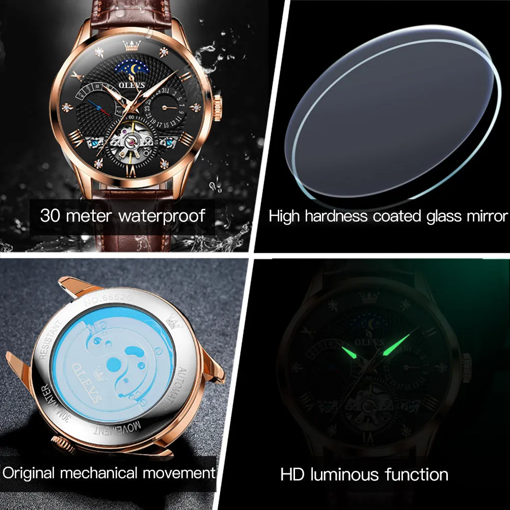 Olevs Luxury Automatic Men Watch Waterproof Skeleton Design Mechanical