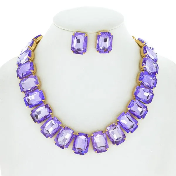 Purple Crystal Octagon Cut Collar Necklace Set