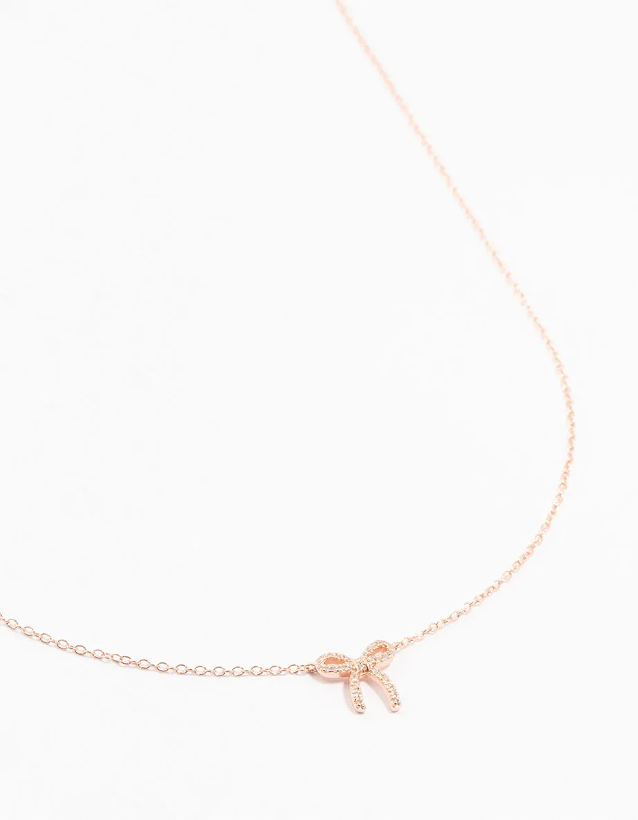 Rose Gold Plated Sterling Silver Cubic Zirconia Bow Necklace