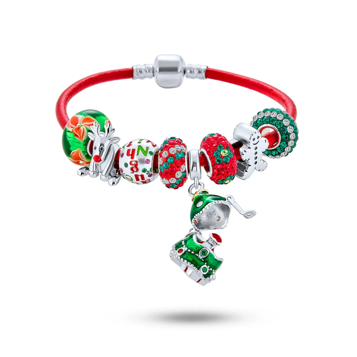 Secret SANTA Charm Bracelet with Locket Bead & Holiday Reindeer Gingerbread Man