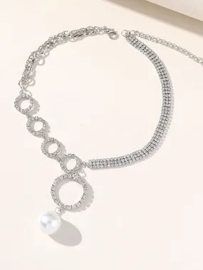 Silver Simple Rhinestones Pearl Asymmetrical Necklace