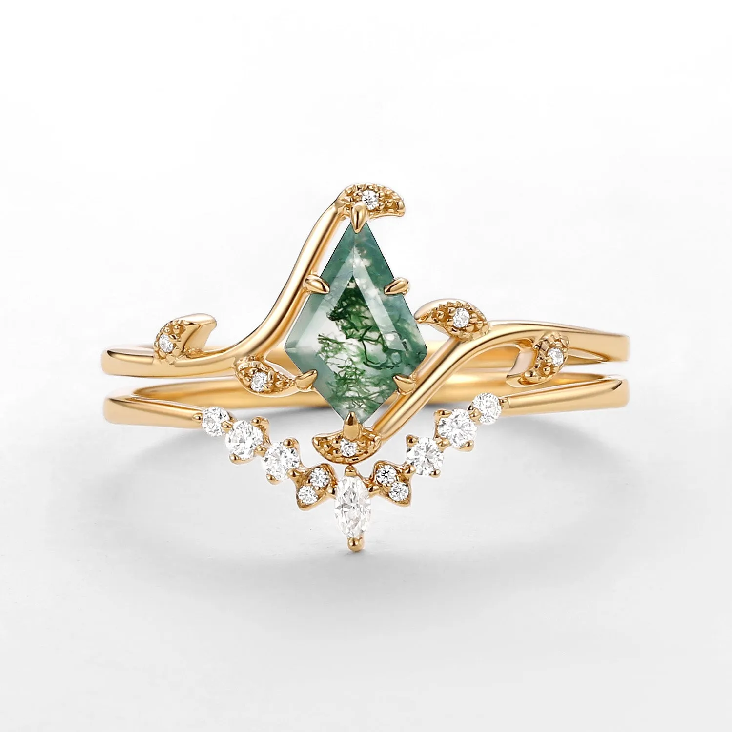 Unique Kite Cut Moss Agate Leafy Engagement Ring Sets 2pcs - Ivy