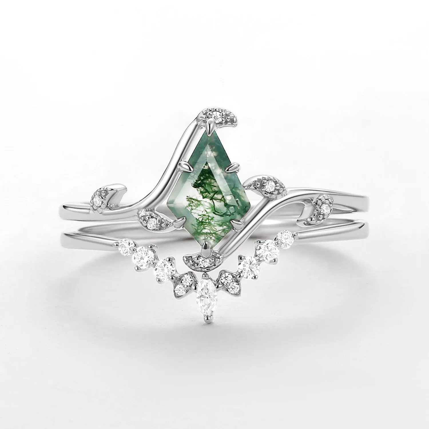 Unique Kite Cut Moss Agate Leafy Engagement Ring Sets 2pcs - Ivy