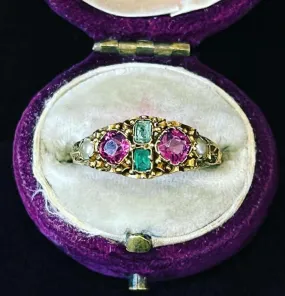 Victorian 15ct Emerald, Rhodolite Garnet & Pearl Ring