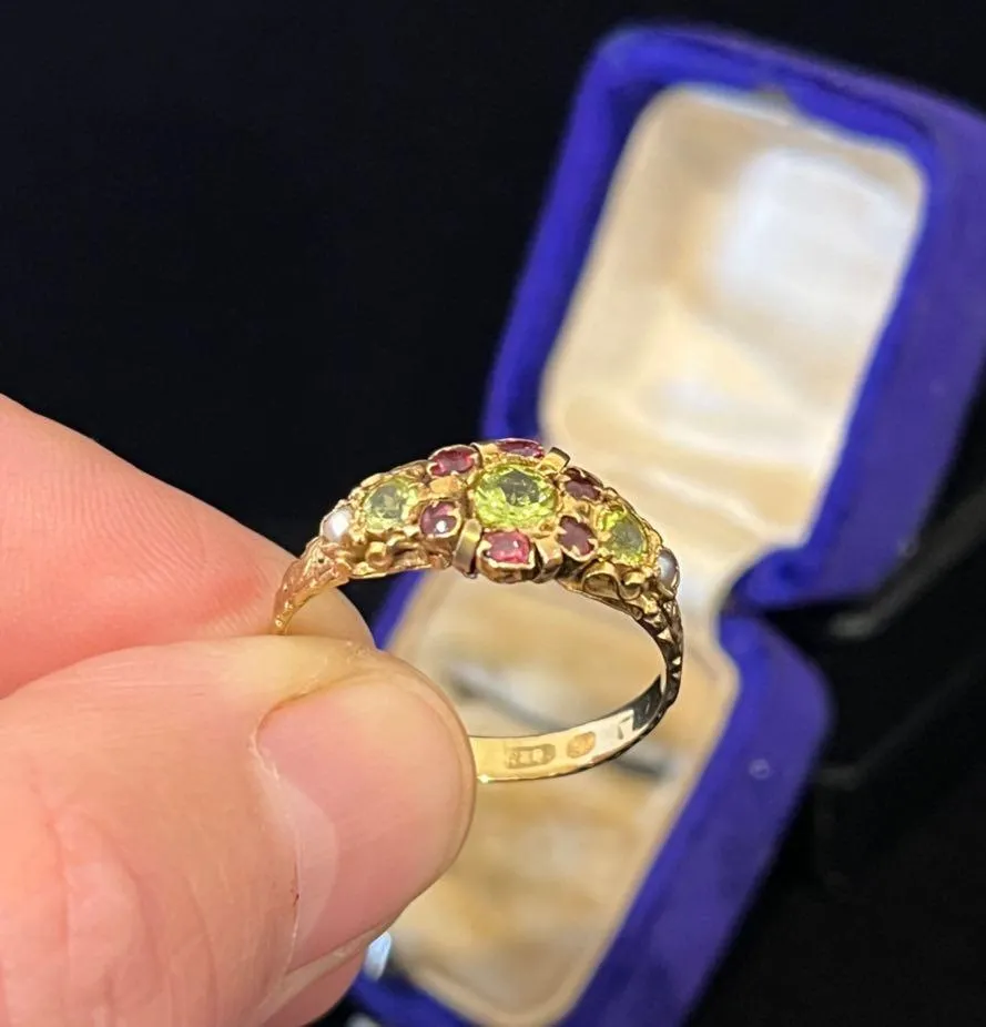 Victorian 15ct Peridot, Garnet & Pearl Ring