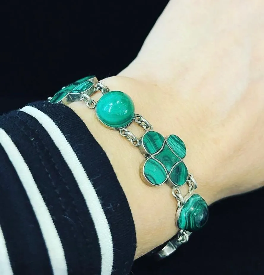 Victorian Malachite Four Leaf Clover Silver Bracelet