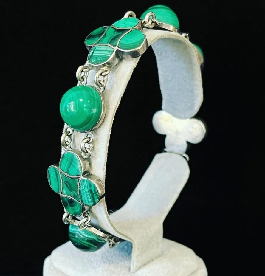 Victorian Malachite Four Leaf Clover Silver Bracelet