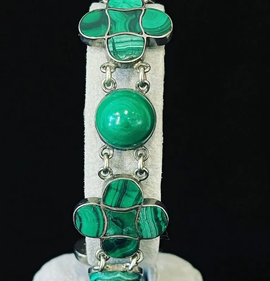 Victorian Malachite Four Leaf Clover Silver Bracelet