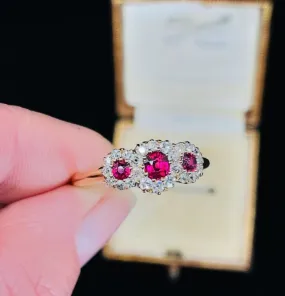 Victorian Ruby and Diamond Triple Round Cluster Ring