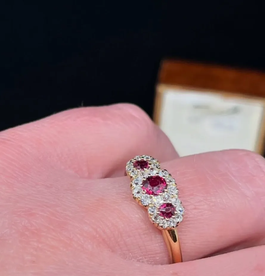 Victorian Ruby and Diamond Triple Round Cluster Ring