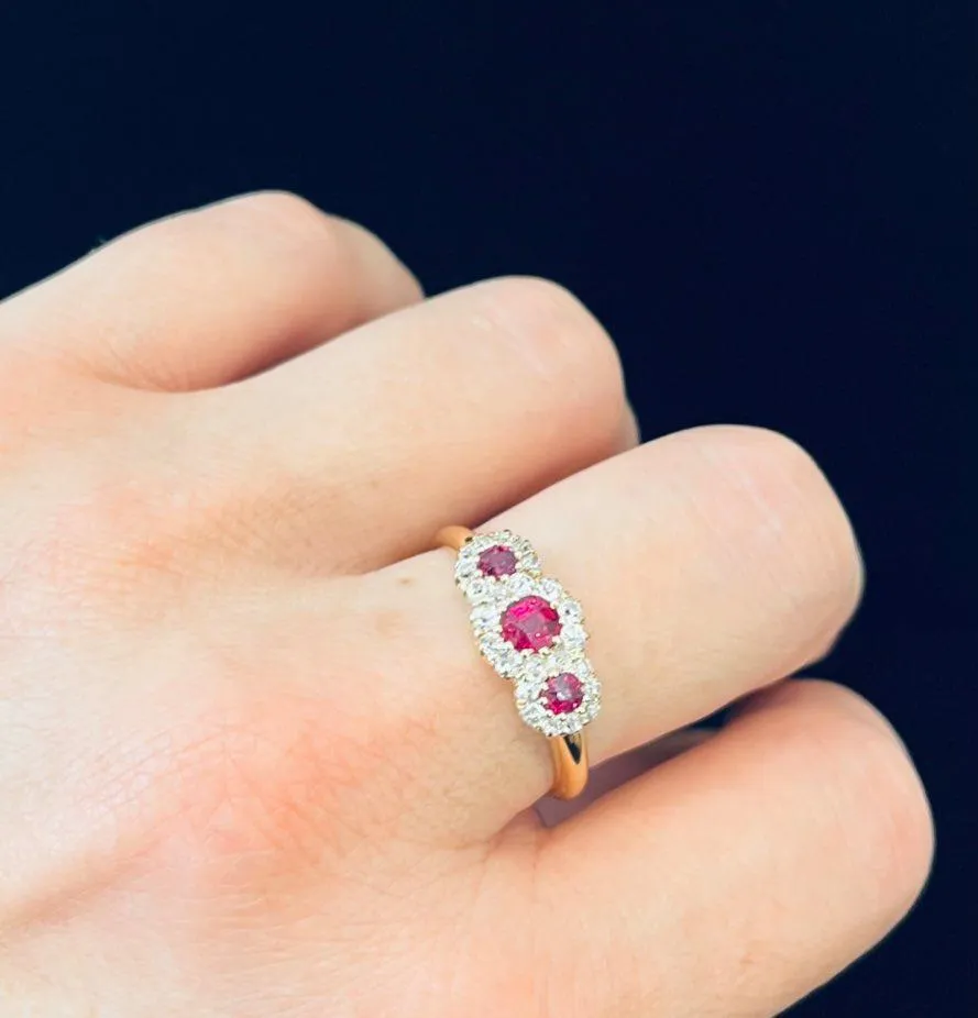 Victorian Ruby and Diamond Triple Round Cluster Ring