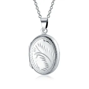 Vintage Floral Leaf Oval Locket Necklace for Photos Silver Pendant Medium