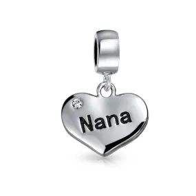 Word Nana Heart Dangle Charm Bead for Grandmother Crystal Sterling Silver Fit Bracelet