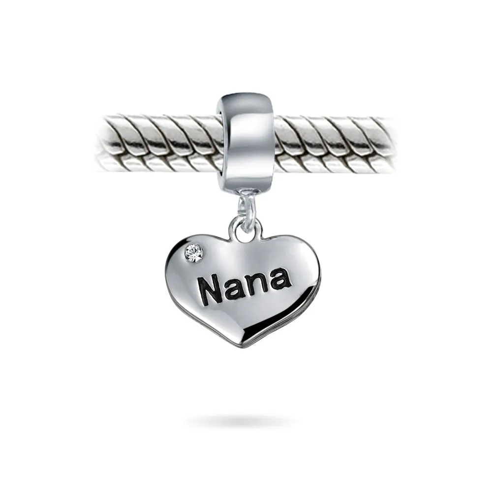 Word Nana Heart Dangle Charm Bead for Grandmother Crystal Sterling Silver Fit Bracelet